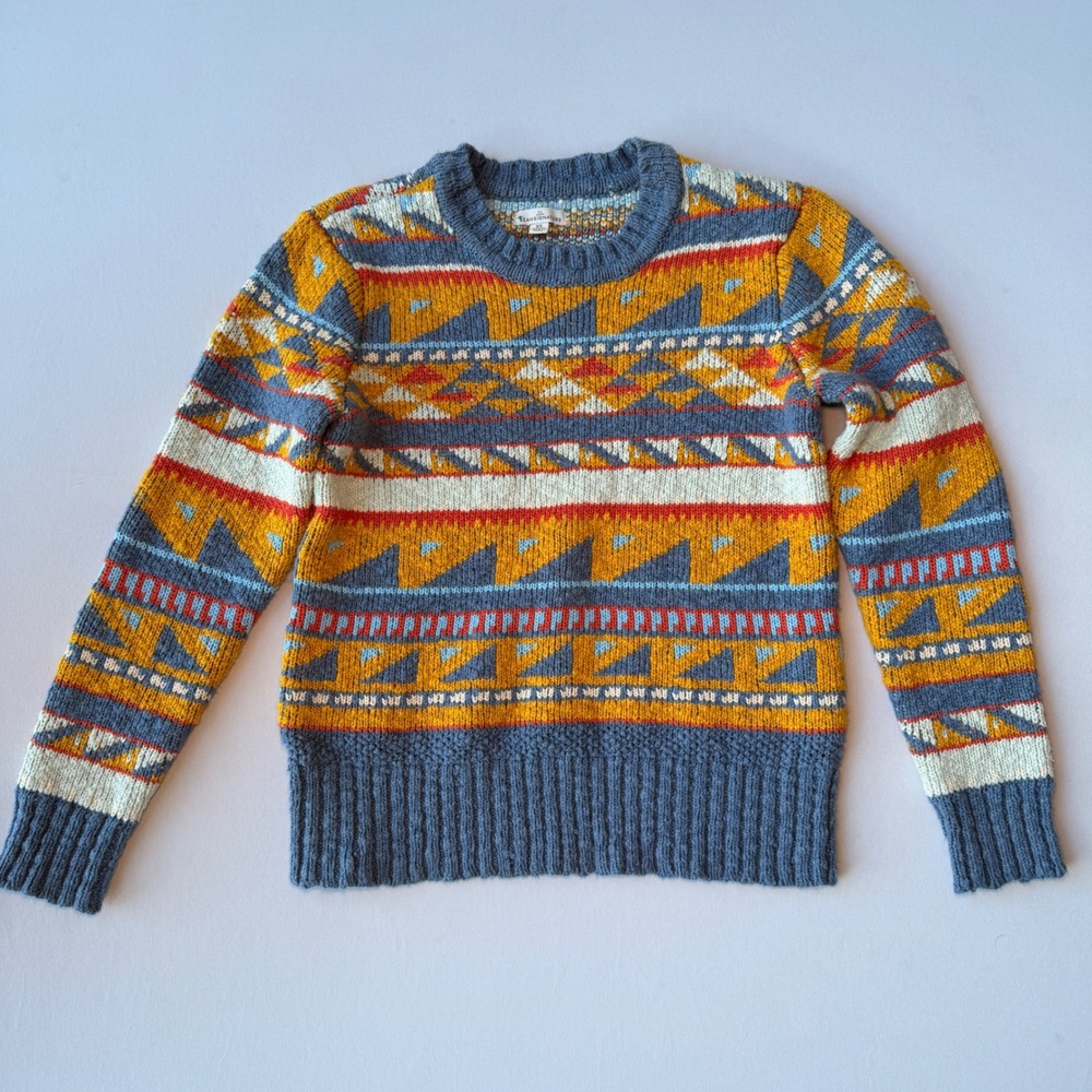 L.L. Bean Signature Sweater Womens XS Blue Yellow Cotton Fair Isle Southwestern